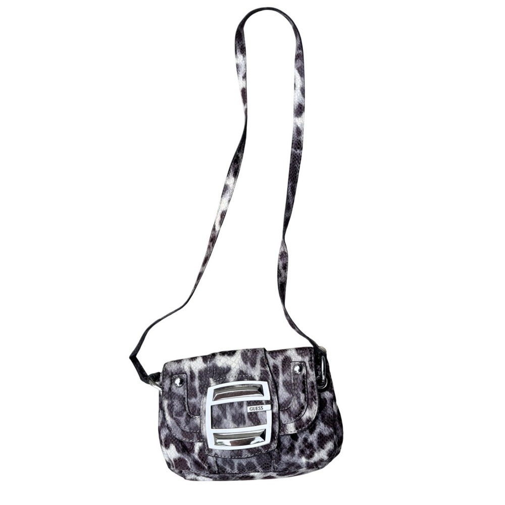 Guess Leopard Print Snakeskin Texture Crossbody Bag Silver Buckle Y2K Gray Black